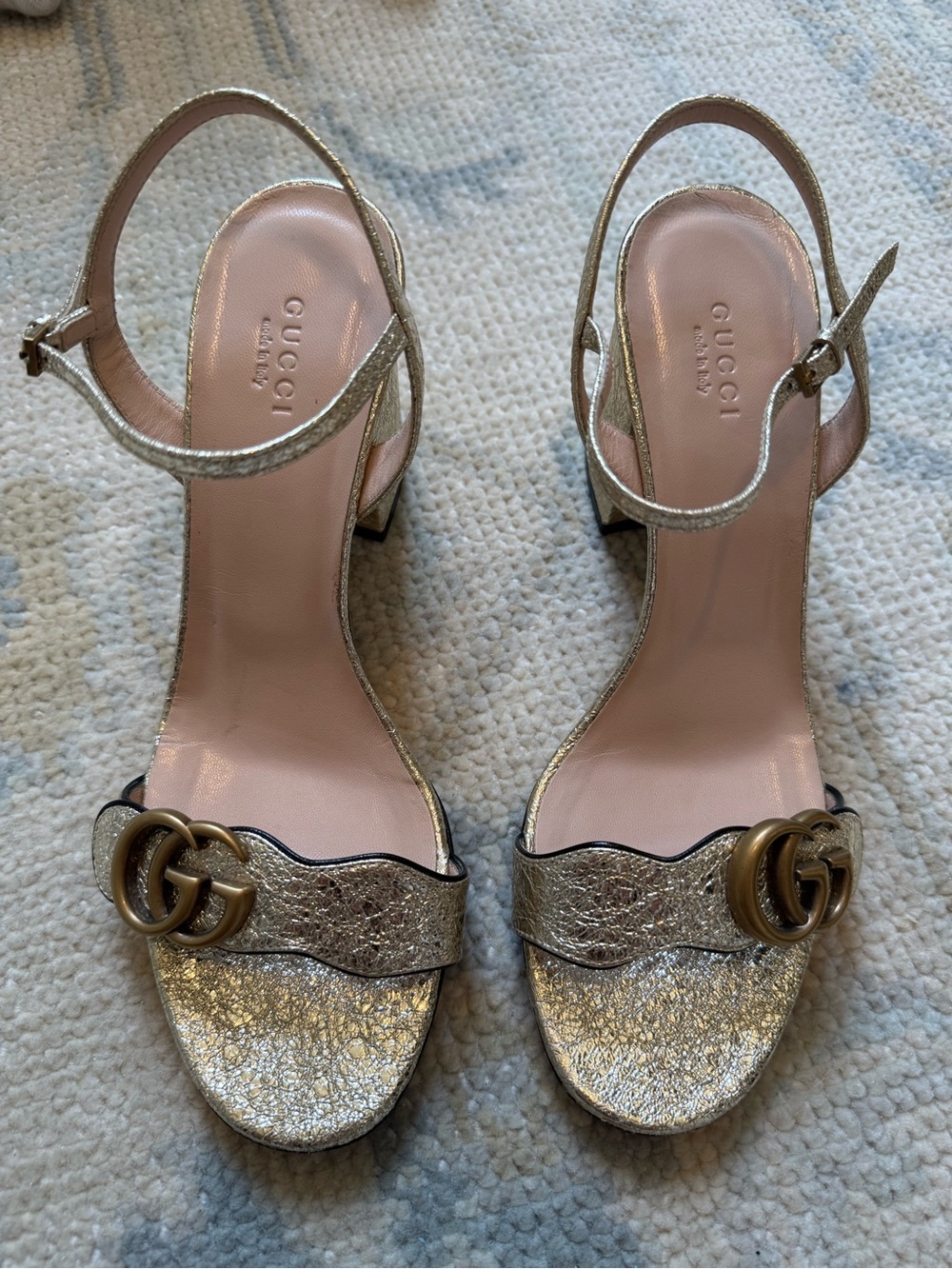 Gucci Gold Metallic Leather Ankle-Strap Block Heel Sandals